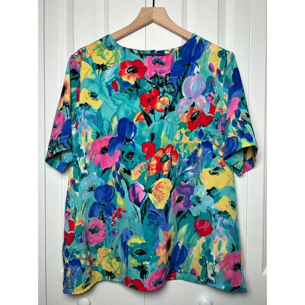 Vintage Alfred Dunner Retro Watercolor Floral Blouse Teal Multicolored - 16